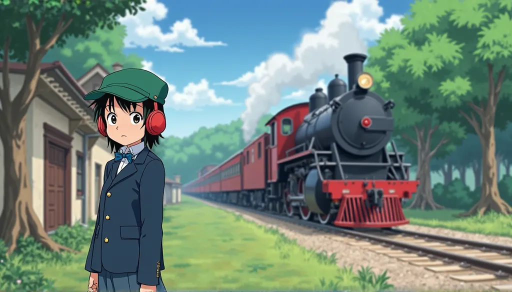 Rural Village, And a locomotive passes by,  Studio Ghibli scenery as a locomotive passes, perfection, best quality,Girl in Uniform Blazer,Crocodilecap,greensurgicalmask,redearmuffs,Panties Seen Through a Fluttering Skirt,Messy Streetscape,