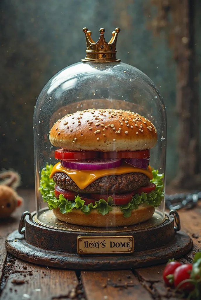  Show a hamburger inside a glass dome, with a small crown on the top. The dome is protected with chains or a system of advanced security. On the front of the dome, there is a sign with a name that identifies the brand Burger King, like 'King's Dome' or 'Fo...