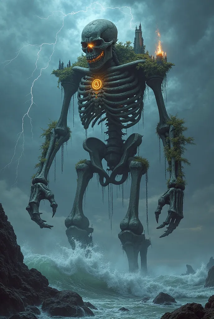 A colossal skeletal titan, towering above the ocean waves, its hollowed-out ribcage now home to ancient ruins and overgrown vegetation. This once-living behemoth, now a cursed undead husk, roams the vast seas, guided by a forgotten will. Its bones are mass...