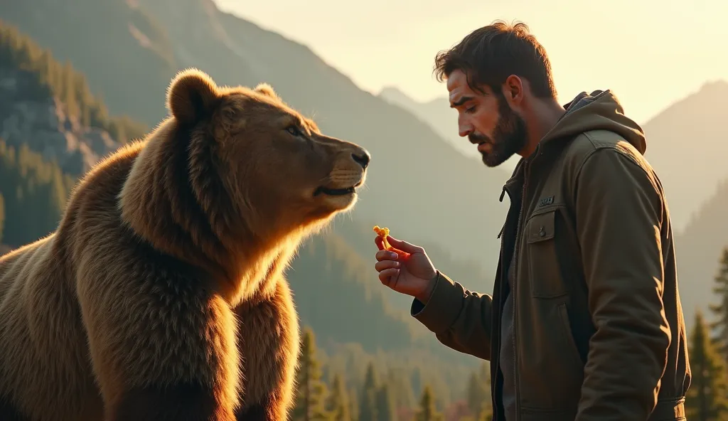 A massive grizzly bear gazing softly at a rugged man who is cautiously offering food, a fragile bond forming between them, cinematic lighting, hyperrealistic, 8K