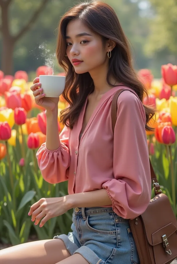 cita Pelo Café Lizo denim shorts pink blouse tulips in the back