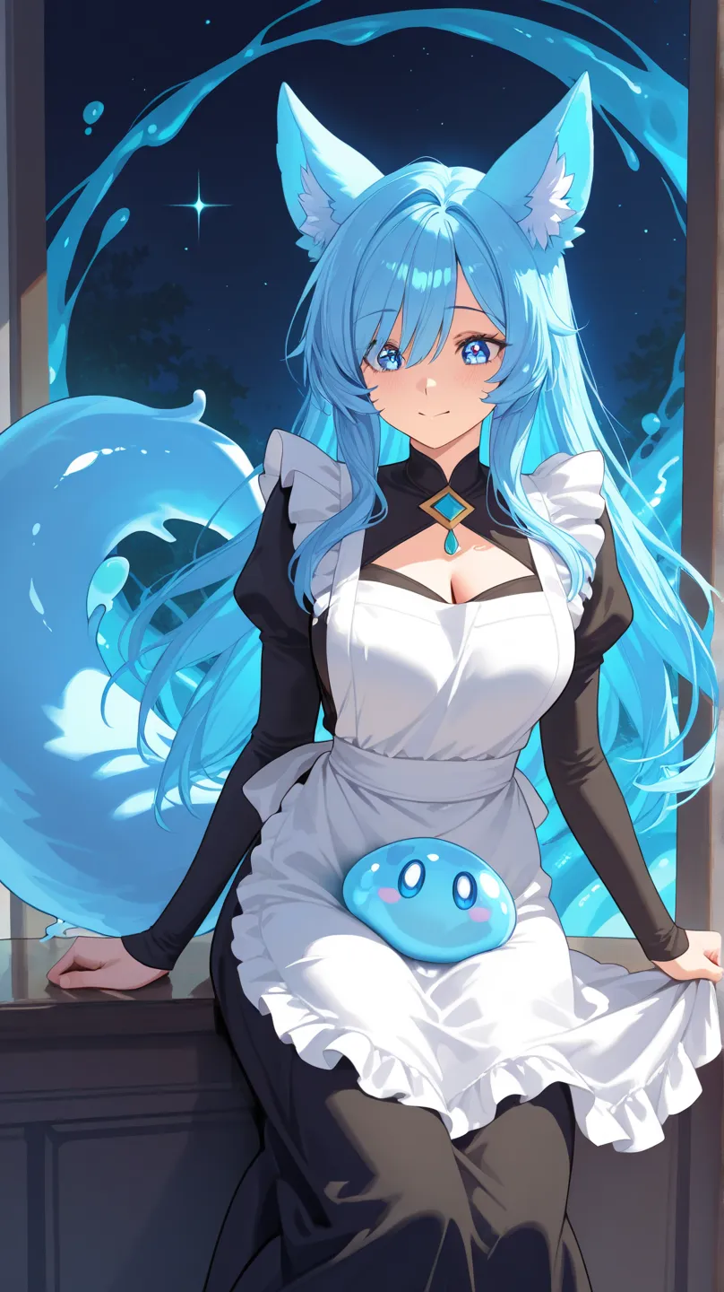 Adult Waifu Slime: Imagine a feminine Slime with a gelatinous shape, but more defined, of a brilliant turquoise blue tone that reflects light. Her body is fluid and malleable, but maintains a humanoid figure, with tentacles that emerge from its being, capa...