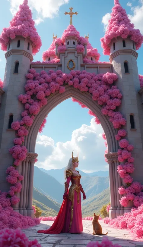 wide angle view legendary castle pink flower covered door with Queen Newbie Star written on it.
sexy armored queen in front
and cat