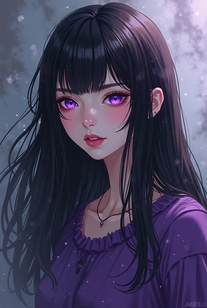  girl with long black hair , purple eyes shirt,  Jujutsu kaisen style .