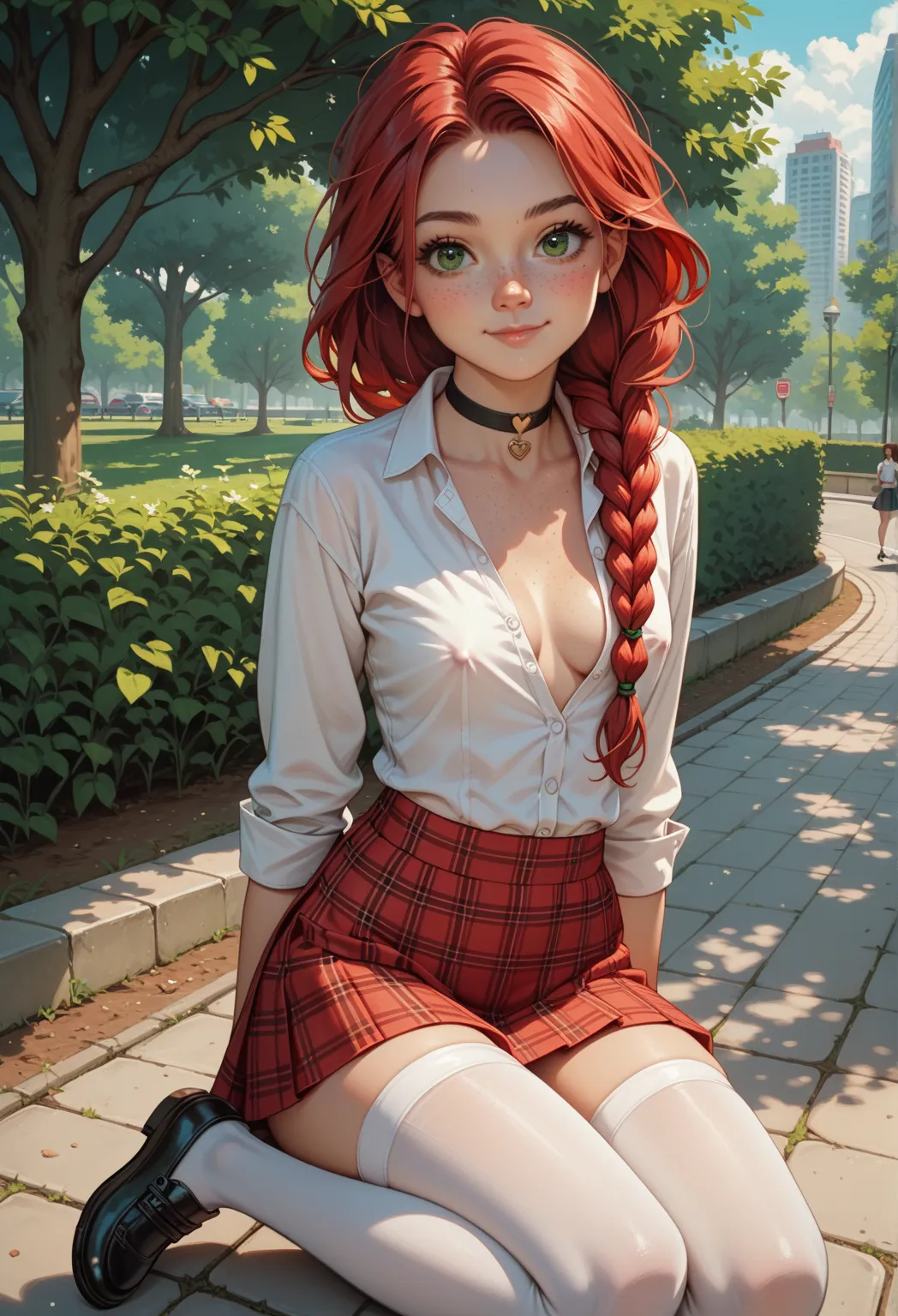 Detailed, anime, 1 young girl, petite, short, , 3/4 body view, bright red hair, long hair, the sides are braided, green eyes, rounded soft facial features, tiny breasts, soft body, cute, freckles, amused, slight smile, covered nipples, black choker, white ...