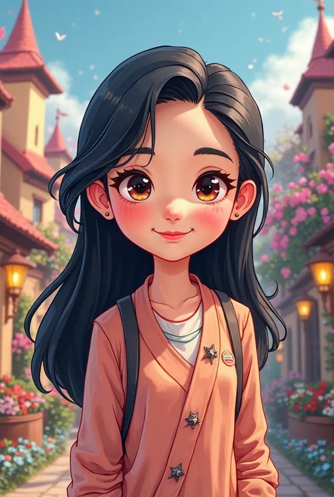 Create a Disney pixel cartoon of me. I'm 47 years old, height 1,48H, 50kg, long black hair, of Eastern descent