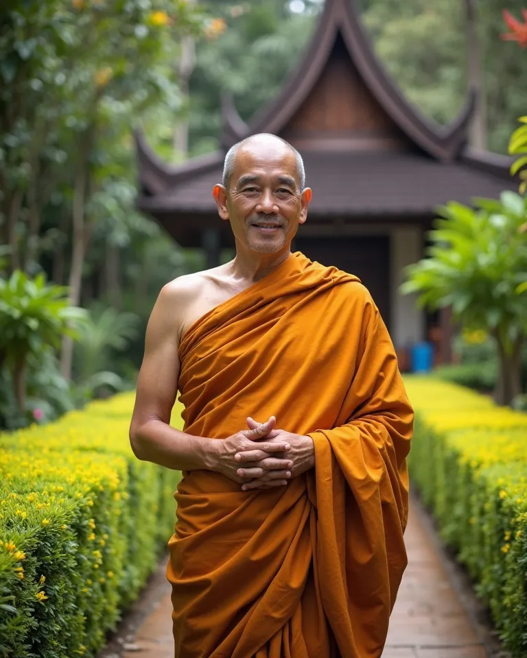 A Thai Buddhist monk standing in a lush green garden, wearing a traditional saffron-colored robe. He has a calm and peaceful expression, with his hands gently resting together in front of him. The background features neatly trimmed bushes, vibrant greenery...