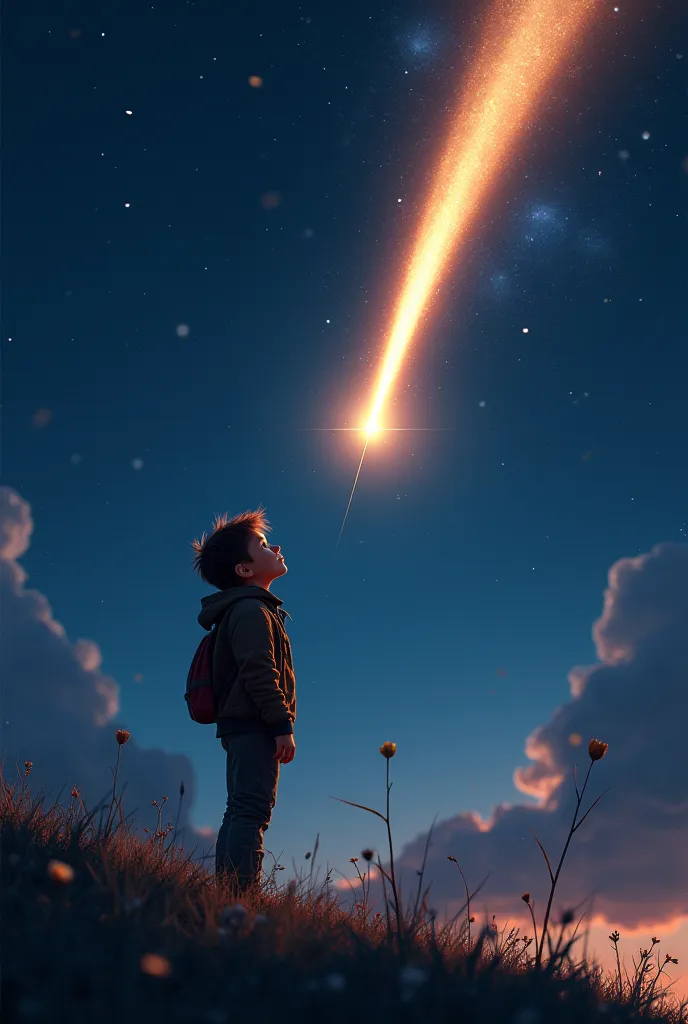 An adventurous boy and a shooting star 
