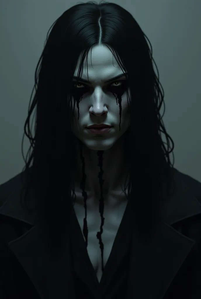 The character in a dark and demonic appearance. He is tall, is thin and has pale skin with black marks, resembling shadows. His eyes glow black, and his long black hair falls on his face.  has an ominous appearance.
