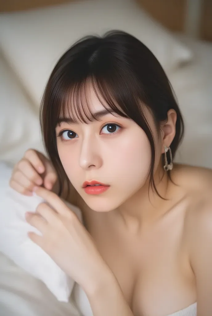 高解像度の日本人女性のportrait写真, masterpiece, photorealistic, sharp concentration, portrait, fashion shoot, Alone, 1 girl, naked in the heat,   black hair, pale skin, detailed face, detailed eyes, sophisticated nose,  (Lying on Her Back in Bed,   head on pillow , sl...