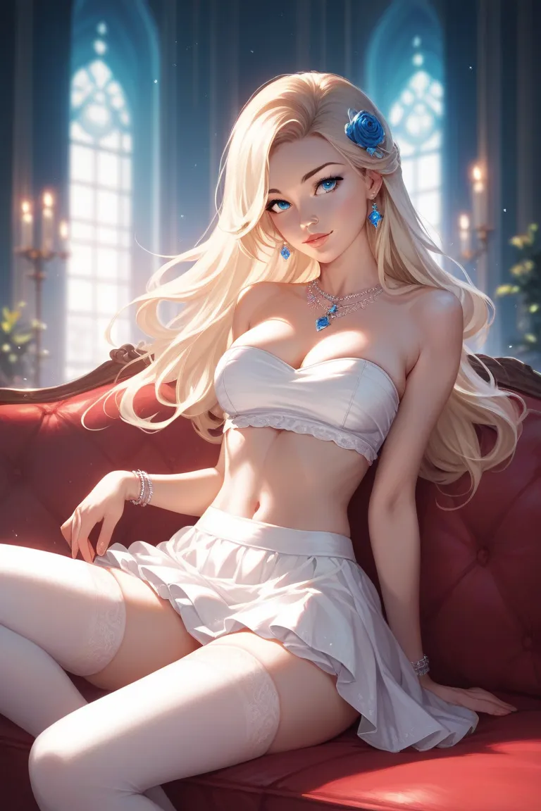  Hot anime girl with Medium long blonde hair, and blue eyes wearing  a  white  strapless crop top and white skirt with thigh high stockings and is sitting  on a couch