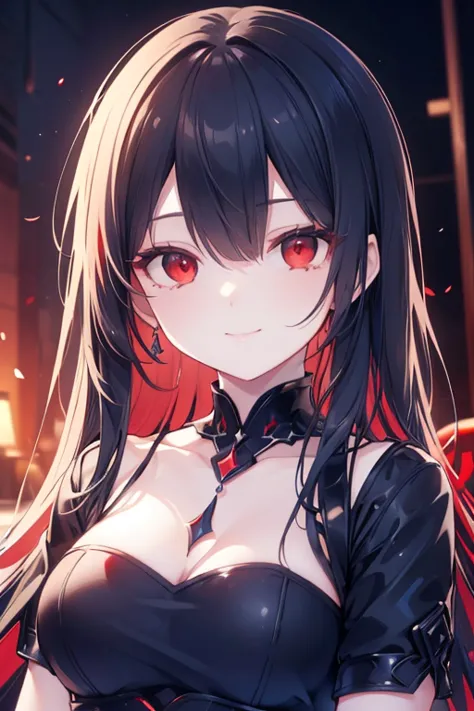 female pervert、A dark blue-haired、Long hair、blue dress、Upper body only, smile 
,(masterpiece: 1.2), Best Quality, High resolution, Unity 8k Wallpaper, (Illustrations: 0.8), (Beautiful red eye details: 1.6), Perfect Lighting, Highly detailed CG,