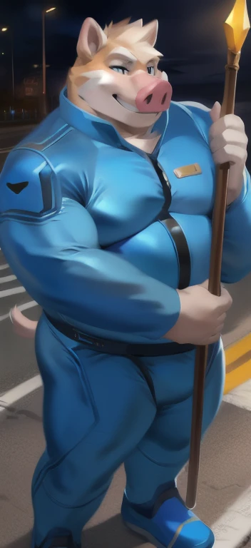 alone , Male tall , stand, road,pig , Blue Military Spacesuit,Holding a magical staff of Strom air​ element, Overweight , strapped muscles , Smirk, by chunie