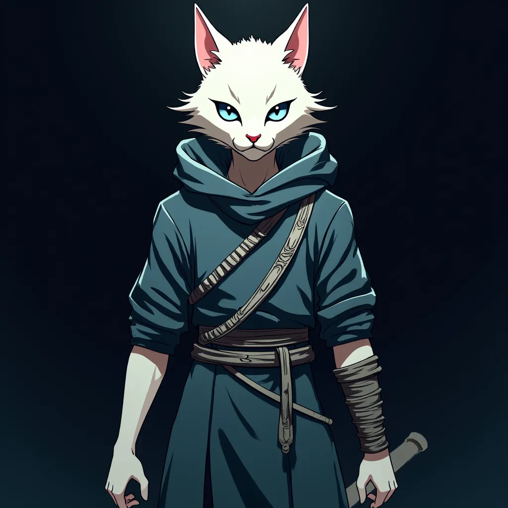 "An albino Khajiit with killer albino white and piercing ice-blue eyes. His expression is serious and aggressive, with sharp facial features and medium hair and disheveled hair on his head, partially covering the eyes. He wears a furtive suit fitted to the...