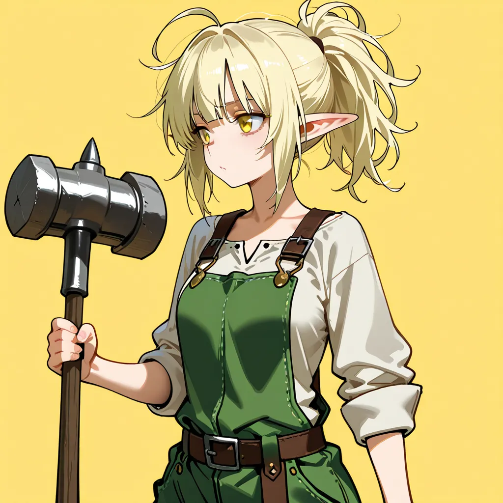 masterpiece, best quality, high resolution, anime, 1girl, elf ears, overalls, blacksmith, ponytail, messy hair, ahoge, hammer, yellow background