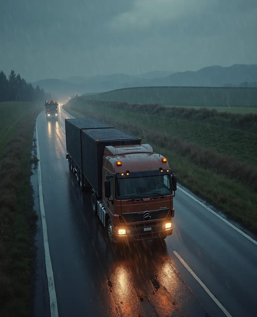 Rainy evening，A heavy truck carrying containers driving on the highway，high angle aerial view，45 degrees view，Both sides of the road are grassland