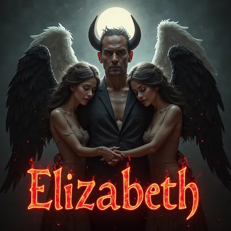 in the center of the image, a malevolent looking man stands up with a penetrating gaze, his angel wings display a dark glow while demon horns appear from his forehead. To his right he is embraced by an angelic woman with a radiant aureole and white wings, ...