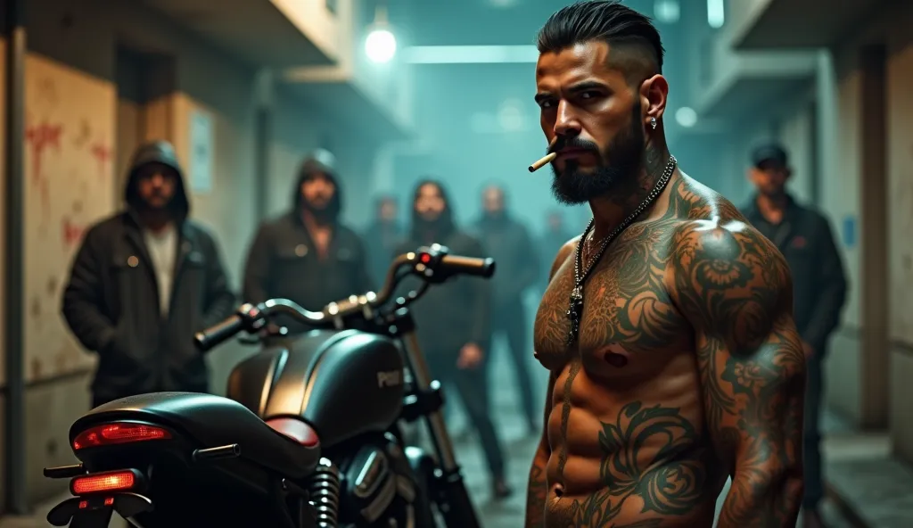 an image of a Latino man, Bad boy, tattooed, next to a motorcycle, Talking to some friends, smoking, with a gang of ill-wishers,  kinematic, ultra realistic, 4K

