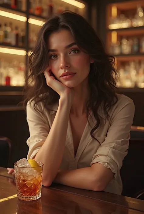 A realistic woman, with natural features and a fair thoughtful expression, sitting in an elegant bar. She has her right hand resting on her chin,  the slightly curved fingers , while the elbow rests on the surface of the counter. Seus  Hair longos e ondula...