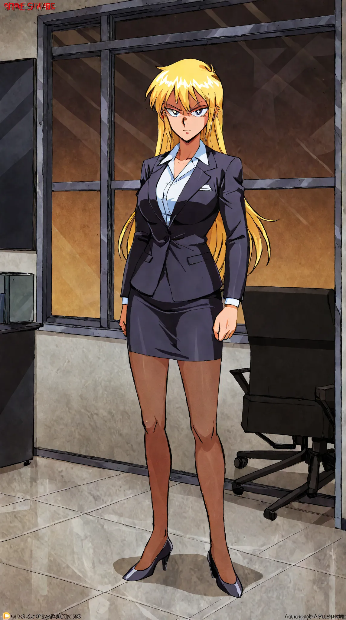 EVIL BLONDE HAIRED BUSINESS WOMAN WEARING A BLOUSE WITH A BLACK SKIRT SUIT 90s anime art style 