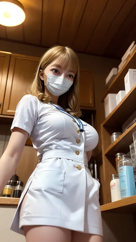 ((White Nurse uniform:1.2、nurse cosplay))、Perfect size for the body、miniskirt、Medium breast、 layer style、blond hair、Straight Bob Hair、smile、white rubber gloves、(White Mask:1.3)、smile、Standing in front of the medicine cabinet、Inside the hospital、Cinematic W...