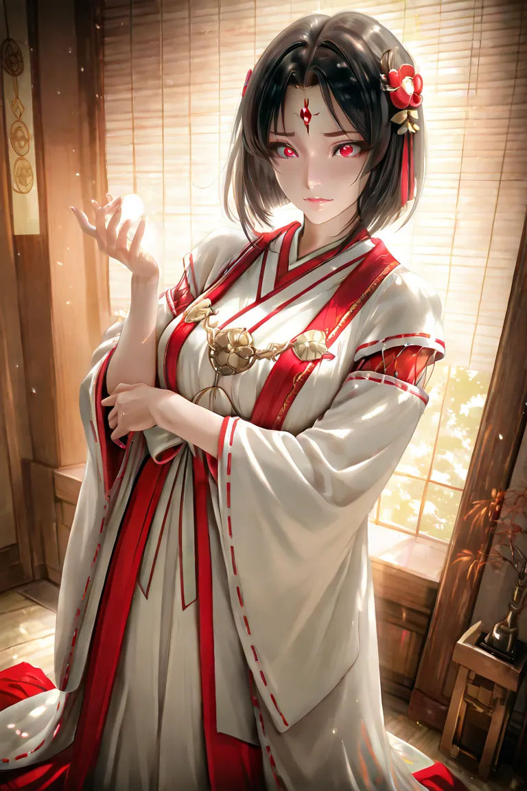 "A noble shrine maiden resembling the Ise Saigu, dressed in an elegant multi-layered kimono with intricate golden embroidery. She has long, flowing black hair adorned with a delicate forehead ornament and a traditional hairpin. She holds a finely crafted h...