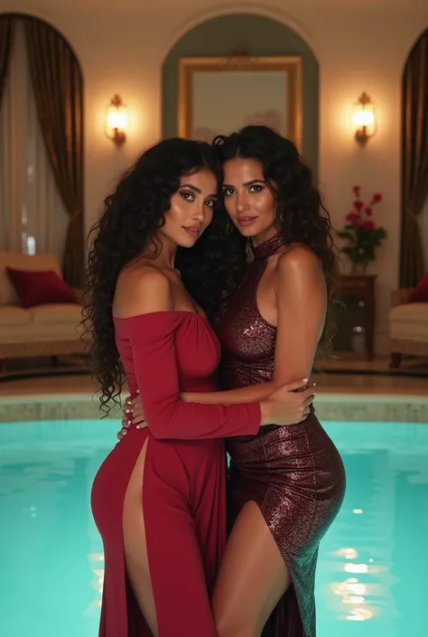 "A luxurious and intimate scene featuring two gorgeous Indian women in a loving relationship. They are billionaires, enjoying their time together. They stand in a swimming pool, their bodies glistening with water, as one woman holds onto her partner's leg ...