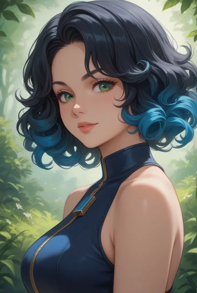 girl with big breasts,short black curly hair with blue lock, Green Eyes 2D anime 