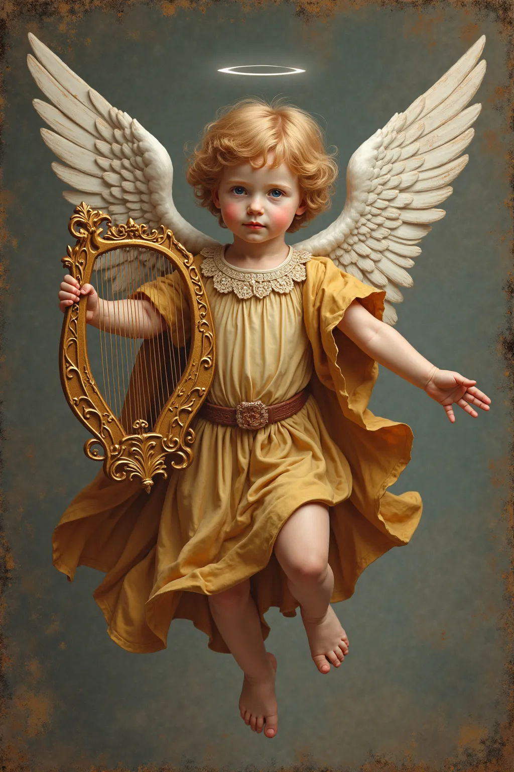 Little angel with wings flying with a harp in his hand, medieval style