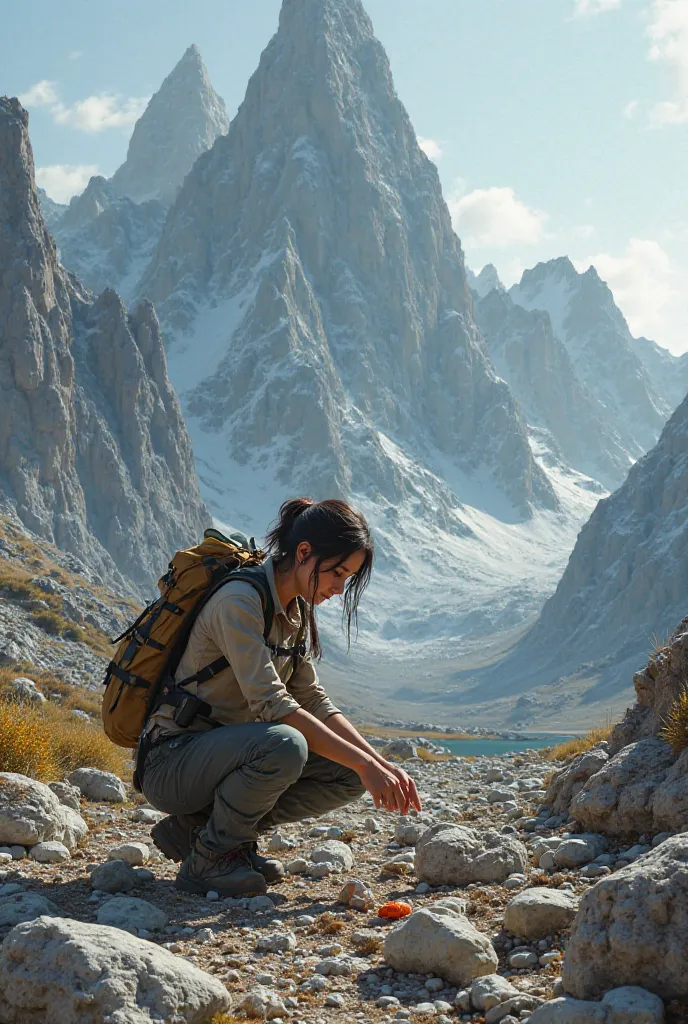 Woman analyzing rocks at the base of a rocky mountain