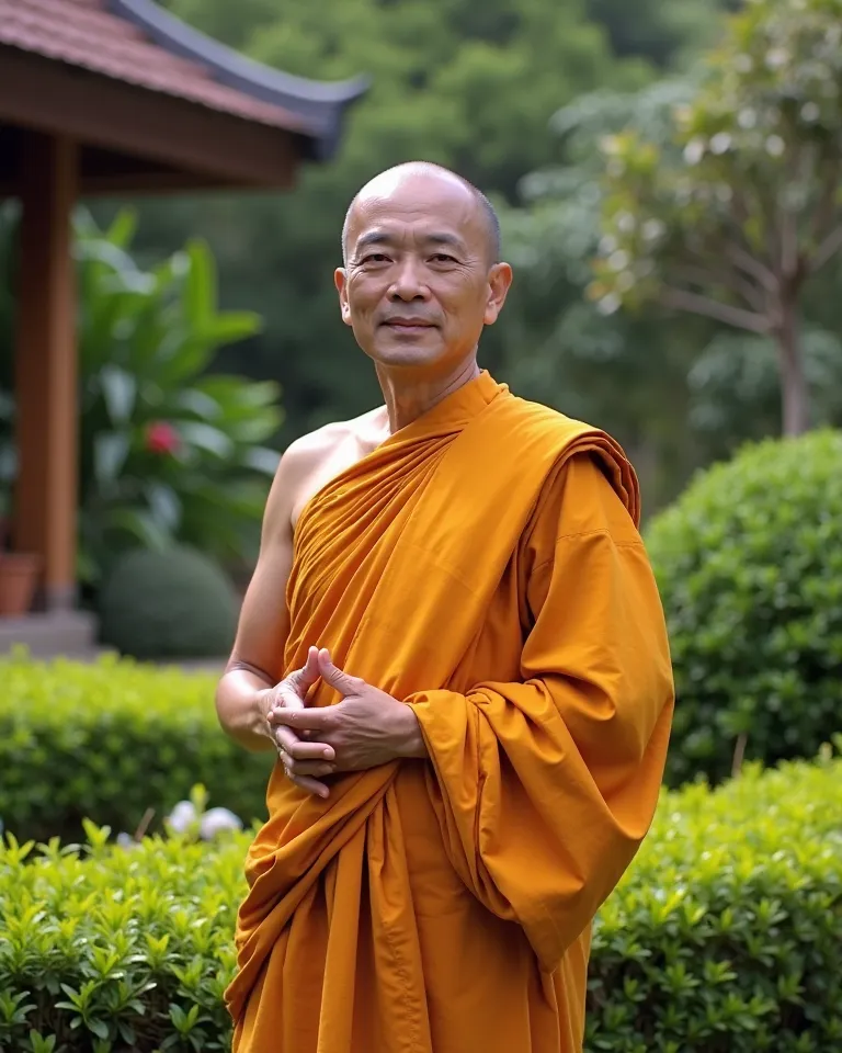 A Thai Buddhist monk standing in a lush green garden, wearing a traditional saffron-colored robe. He has a calm and peaceful expression, with his hands gently resting together in front of him. The background features neatly trimmed bushes, vibrant greenery...