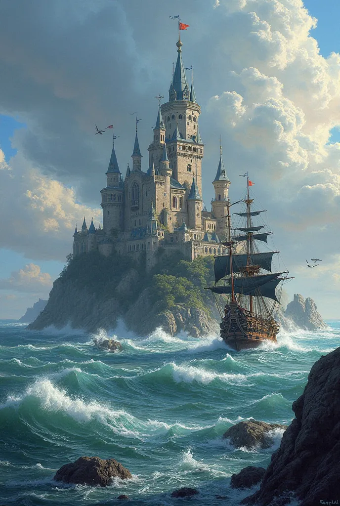 Castle on an island, Pirate ship at sea