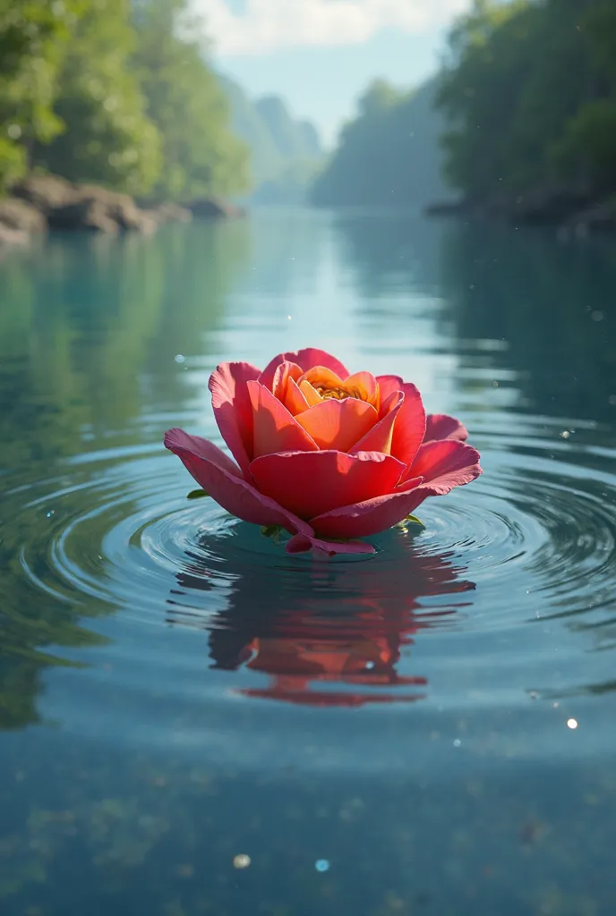 Only a rose flower in a flowing river