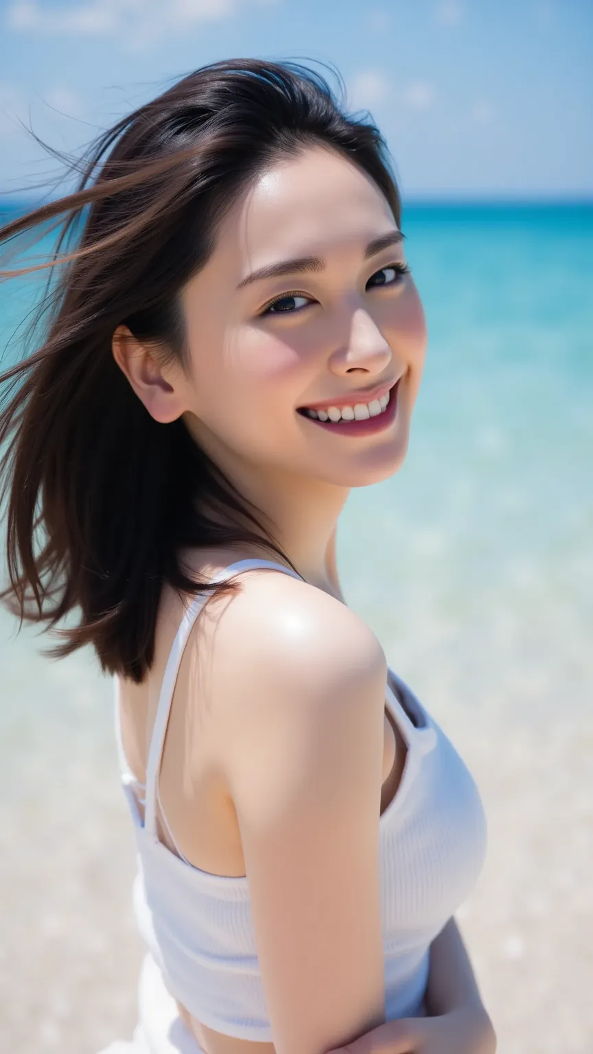 high quality,High Precision,Japanese woman turning her butt k,white tank top,sea,Passionate scene,Strong winds,Jet black belly long hair,hair that flutters in the wind,smile,staring at the viewer,facing the front,taken from the front,transparent nipples,4K...