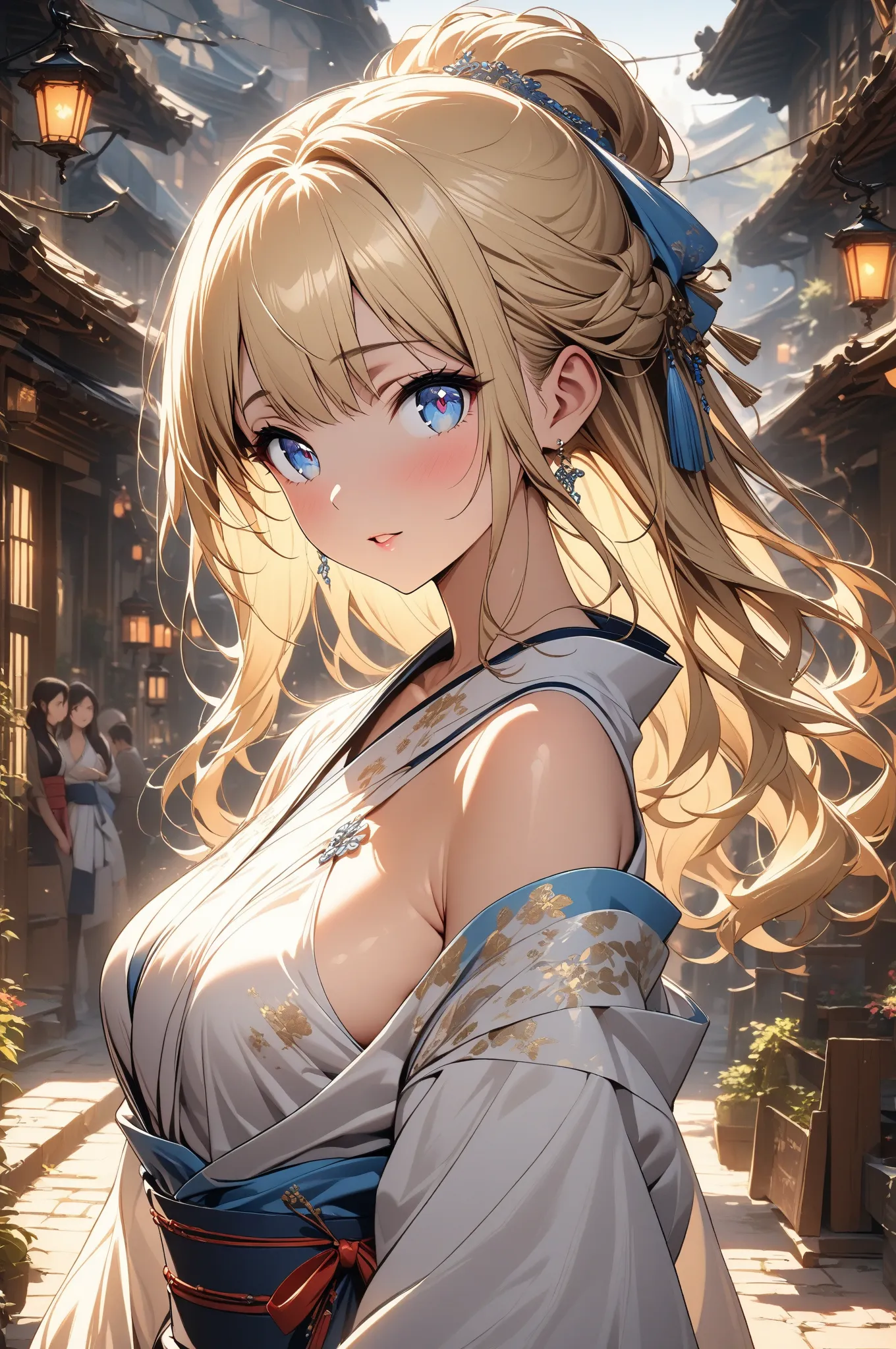 (masterpiece, detailed:1.2), One Girl, (18-years old), blonde one updo, Medium Breasts, sky blue eyes, BREAK, Highest quality, town, Kimono, Fullbody from front below:1.3