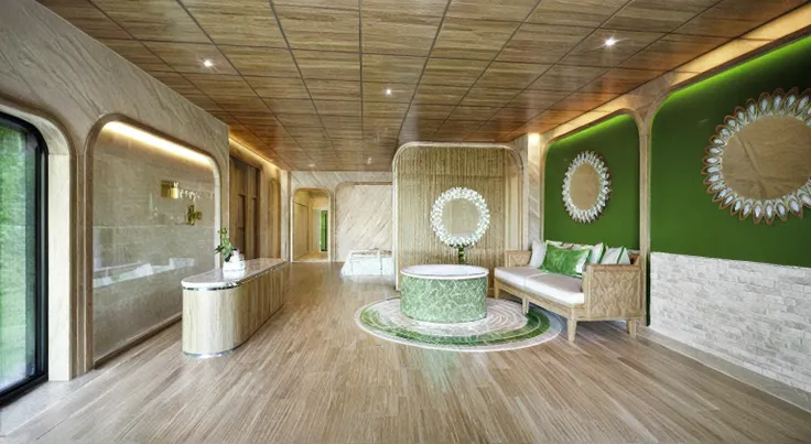 Prompt: Raw photo(masterpiece) , ((best quality)),dramatic lighting, high quality, authentic,high resolution, super detail, highly detailed,Photorealistic,Clean lines, indoors, ( white bright natural oak wooden interior ) , (( spa and beauty center :1.3)),...