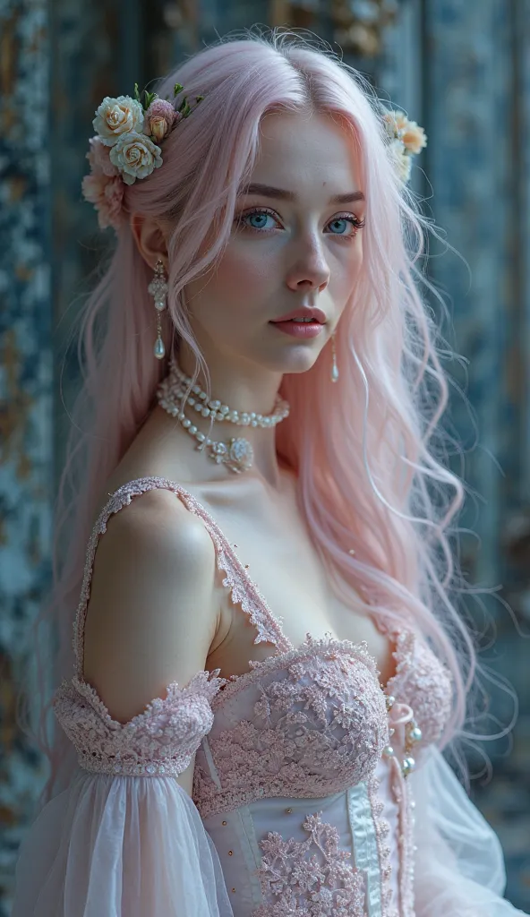 High Resolution, Cinematic, Photorealistic, Portrait Photography of a short (5’3”) and petite 19-year-old (ETHINCALLY FRENCH) female gorgon with the build of a ballerina with slightly shiny/iridescent, richly white pale porcelain skin and GLOWING BLUE EYES...