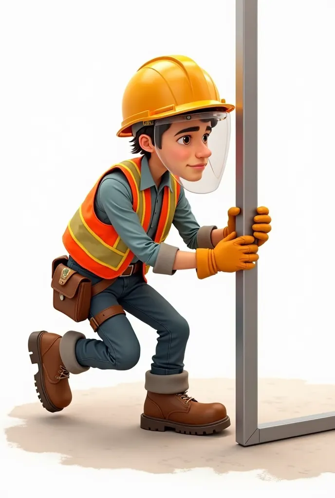 Worker who makes partitions with all his safety equipment, (hull, glasses, grimace, vest,  resistant pants , hard boots and gloves) animated type with white background, without a belt for things, FROM THE FRONT AND WITH NOTHING IN YOUR HANDS