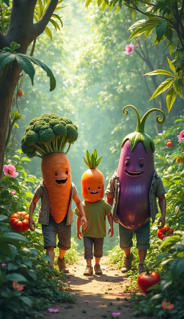 "Create an image of humanoid vegetables walking through a lush jungle. The humanoid vegetables should have the appearance of typical vegetables, such as carrots, broccoli, tomatoes, and eggplants, with human-like features. They are wearing casual human-lik...