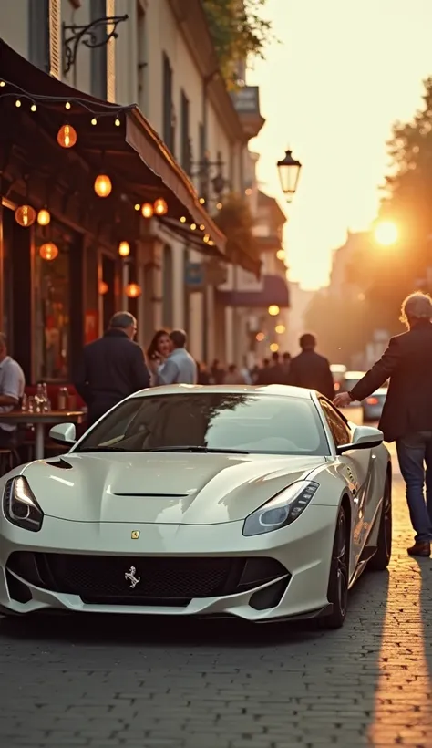 Photograph of a moment when a white Ferrari is passing through a bar street. in First Person, The tool is being viewed from the side. driver's side , who articulates one hand greeting someone inside the bar. Funda in the image are people at the bar tables,...