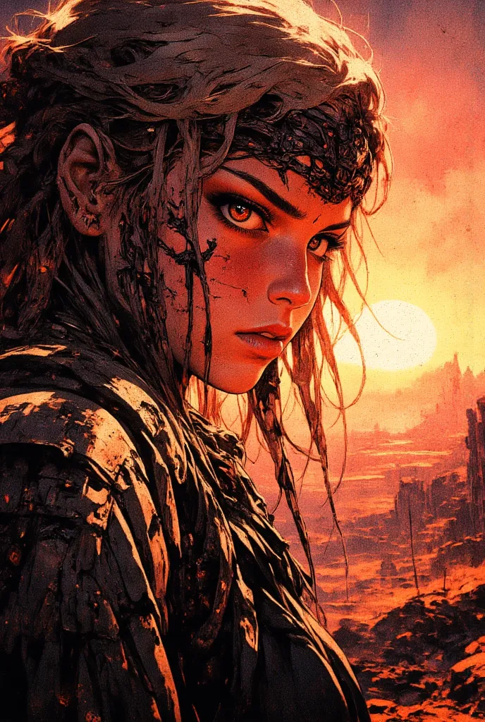 closeup side portrait of a Female jungle explorer, expressive pink lips, dark eyeshadow, shaggy blonde hair, sunset, silhouetted, chiascuro, on alien dusty planet