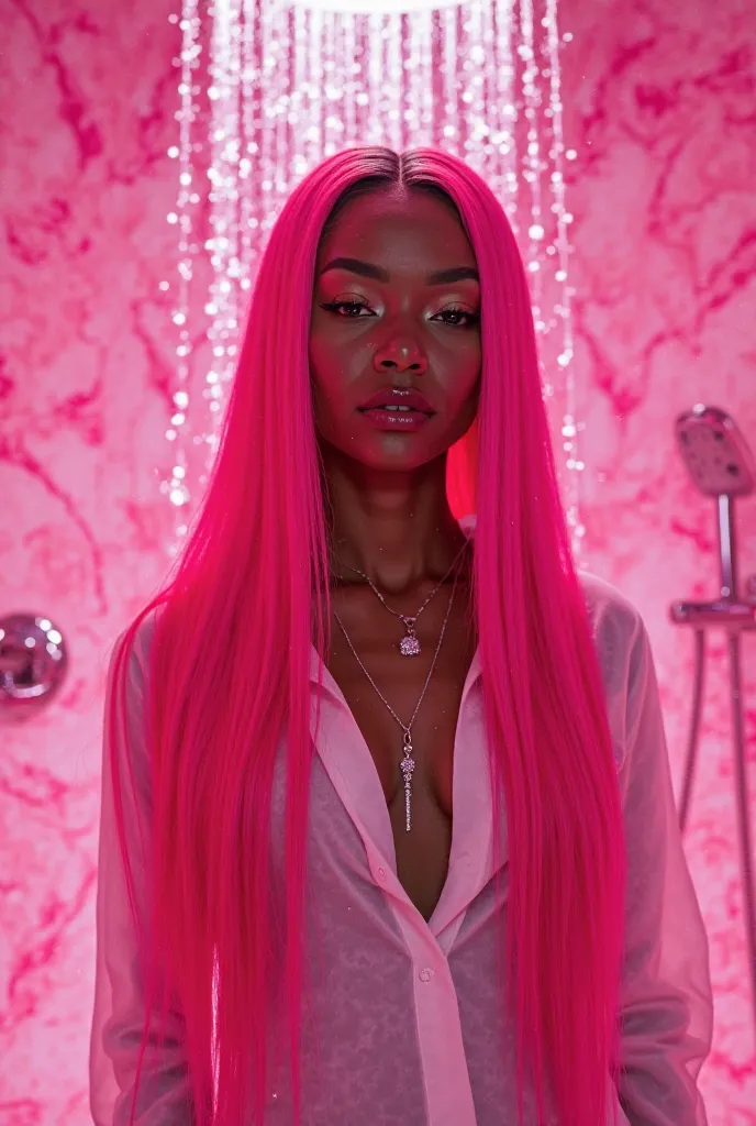 a beautiful Jamaican lightskin woman with extremely long pink straight hair, diamond necklace,wearing a white shirt,inside a luxurious neon pink marble bathroom shower with water running 