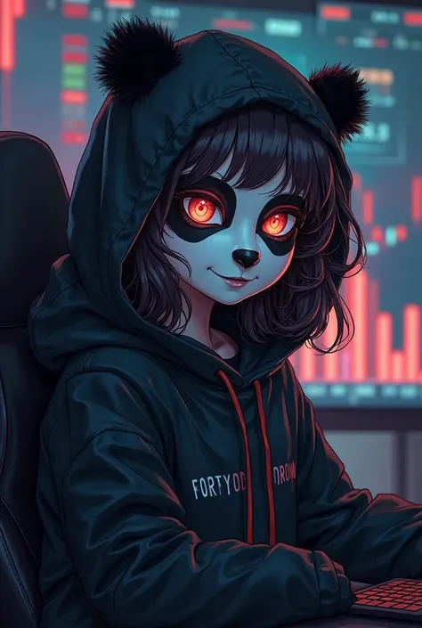 fantasy anime,  Brunette girl, curly hair, wearing a panda bear mask covering the face leaving only the eyes showing, hacker style, black streetstyle hooded clothes with black panda bear discreet smile, traits of an intelligent and clever person, sitting i...