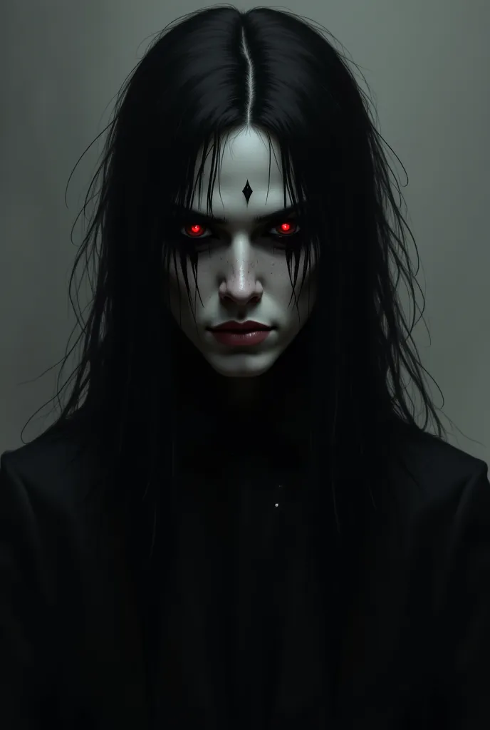 The character in a dark and demonic appearance. He is tall, is thin and has pale skin with black marks, resembling shadows. His eyes glow black, and his long black hair falls on his face. has an ominous appearance. he's very handsome, androgyne , black eye...