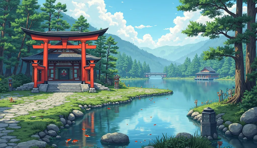 Anime-style. The setting takes place in a feudal Japanese shrine, located beside a peaceful lake. The Inari-style torii gate, with its vibrant red columns and horizontal beams, stands prominently at the shrine’s entrance. The lake reflects the light blue s...