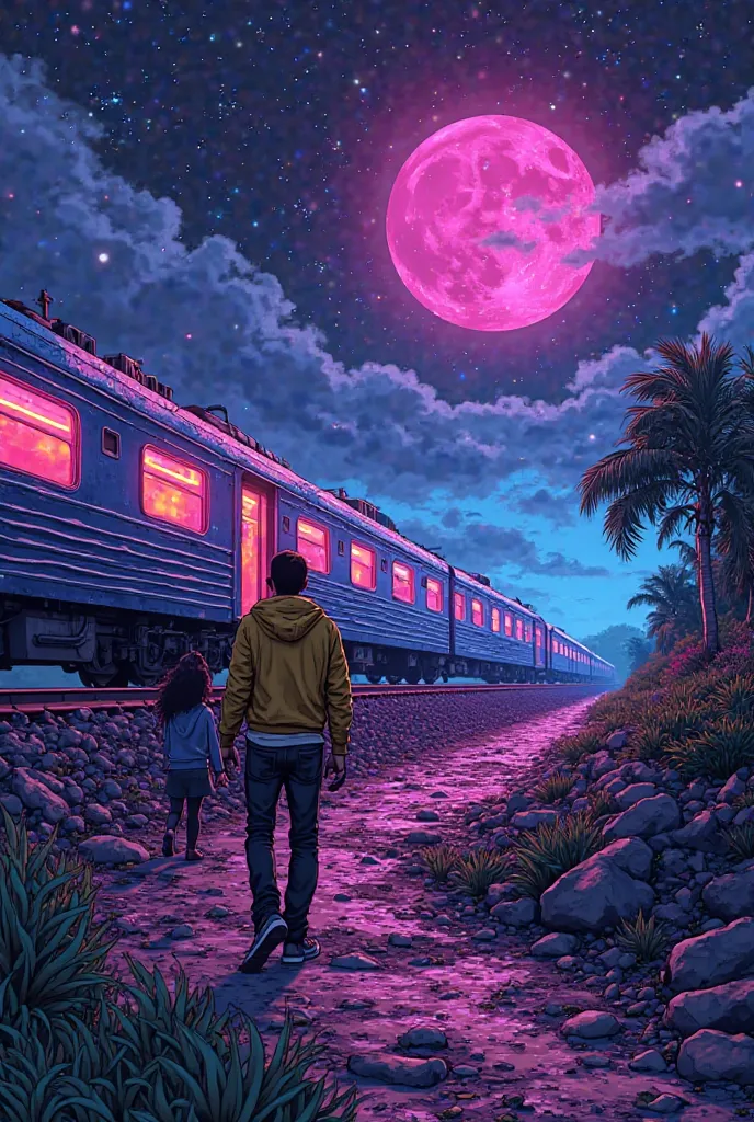 We opened reference plane, With a comic book about a train of purple neon lights, fuchsia y azul. Open plan of this train that lands on planet Earth. More punctually in Venezuela. They descend to the Tepuyes and some characters in comics get off the train,...