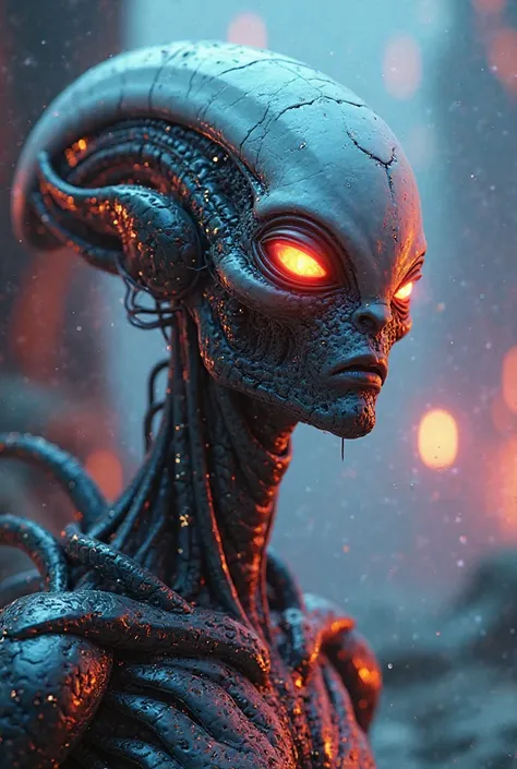  alien creature , with shapes and futuristic style, realistic portrait of an alien creature with an organic and mechanical appearance, face with detailed facial features,  bright and penetrating eyes , body with exoskeleton structure and metallic and organ...