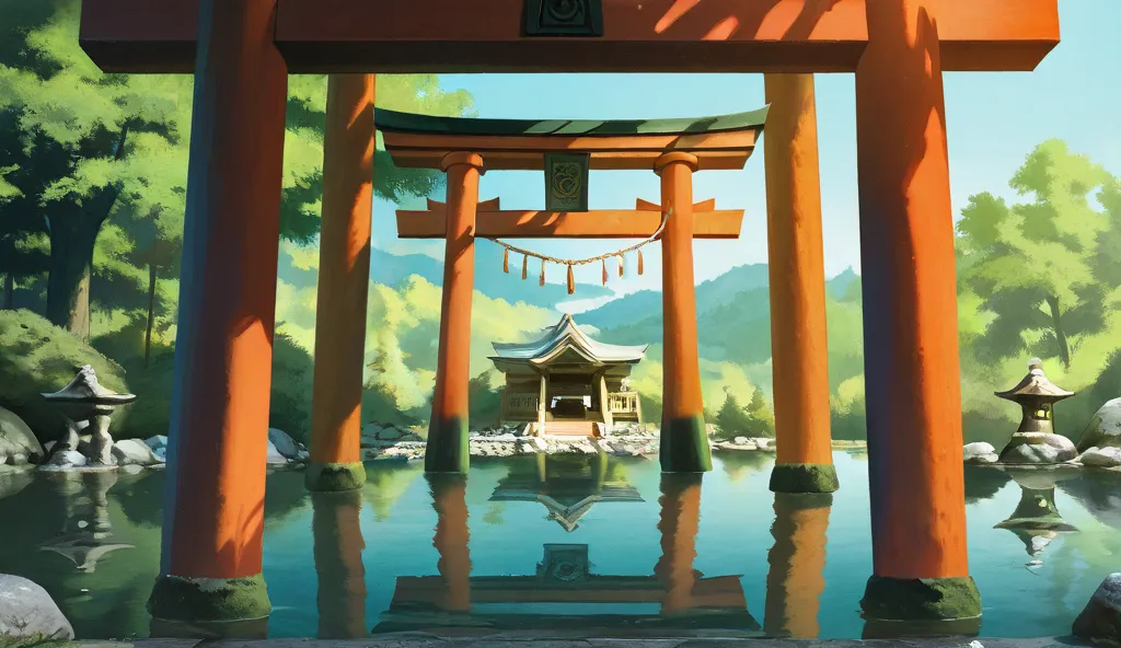 Anime-style. The setting takes place in a feudal Japanese shrine, located beside a peaceful lake. The Inari-style torii gate, with its vibrant red columns and horizontal beams, stands prominently at the shrine’s entrance. The lake reflects the light blue s...