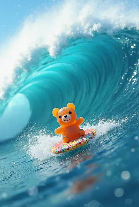 Little bear gummy bodyboarding on a big wave