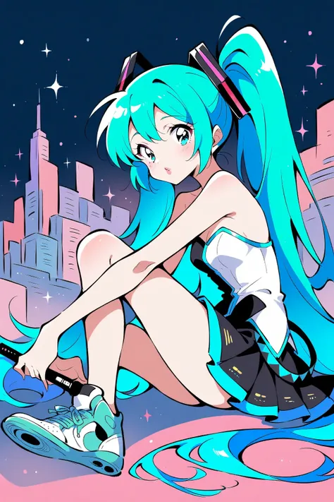 (has the best quality, sketch:1.2),practical, illustration designer  ,cunning，1 girl,   Hatsune Miku  ， delicate lips , Hold the baton in your hand， strapless， Neon long hair  ,  high ponytail green  ， skirt， Put your foot on the sound，sneakers。 masterpiec...